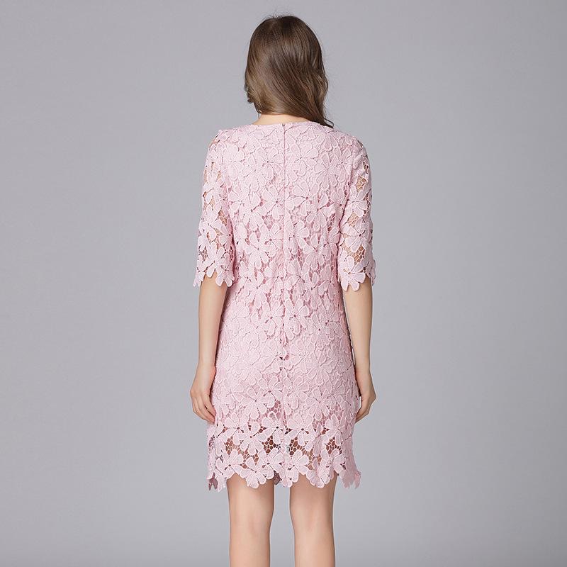 Rochie Roz Casual Mărimi Mari din Dantelă Solubilă în Apă pentru Persoane de Vârstă Mijlocie și Vârstnice