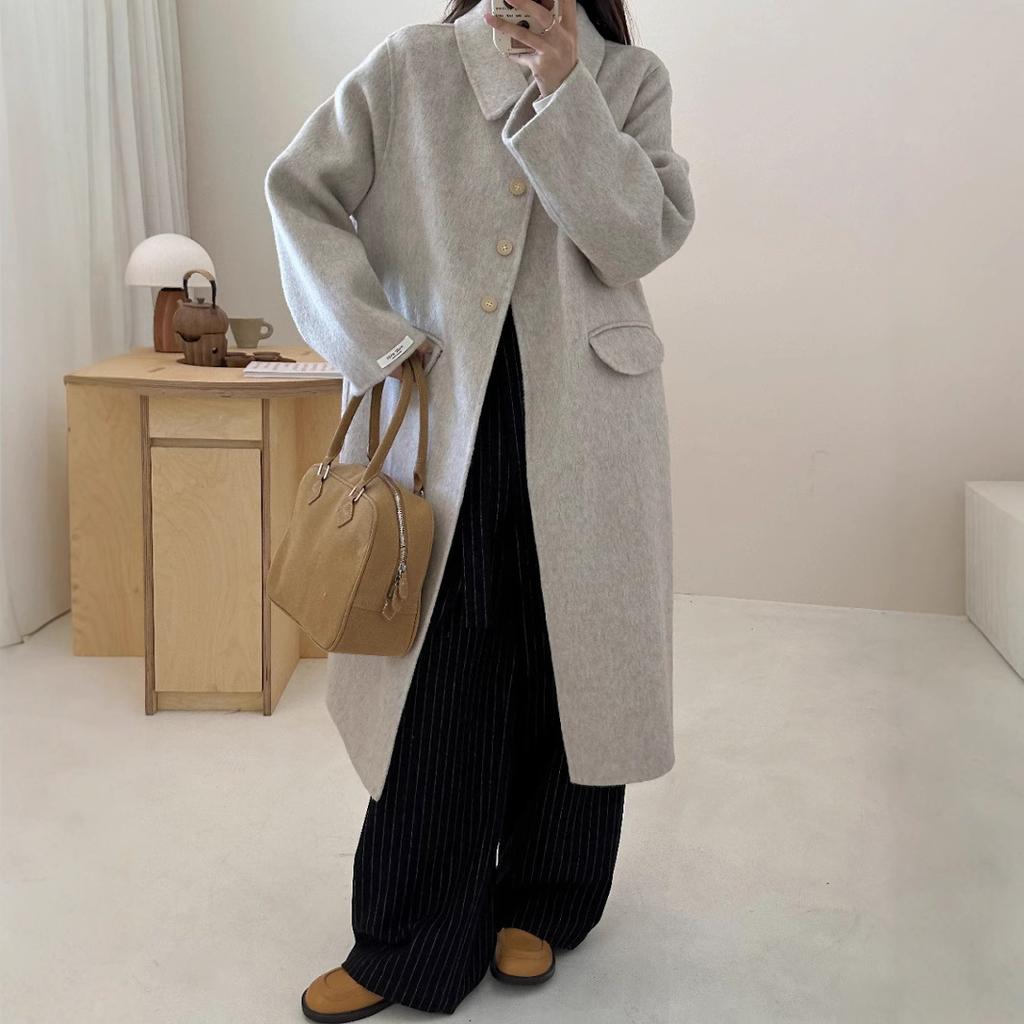 Doll collar high-end medium and long simple single-breasted double-sided wool coat, thickened large cuffs cashmere jacket