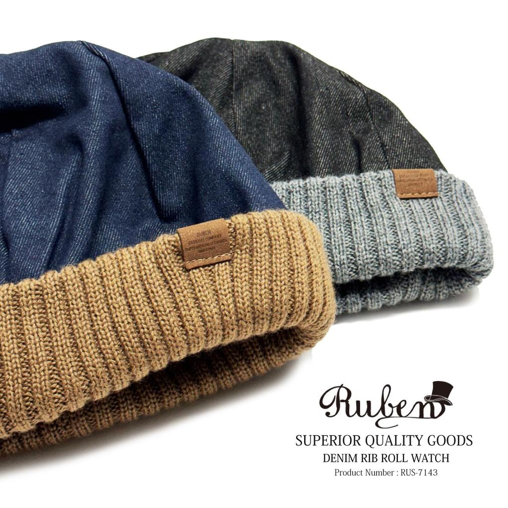 Ruben DENIM RIB ROLL WATCH Denim Rib Roll Watch Roll Cap Rib Knit Cap Short Watch Free Size Black Fleece-Lined Fisherman's