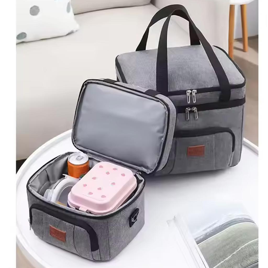 New Large Size Lunch Bags Double Layers Tote Cooler Storage Bags Large Capacity Travel Picnic Lunch Box with Shoulder Strap