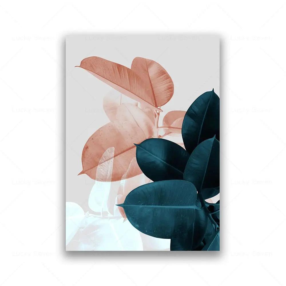 Tropical Plant Leaves Wall Art Canvas Painting Pink Flower Blue Abstract Nordic Posters and Prints Picture for Living Room Decor
