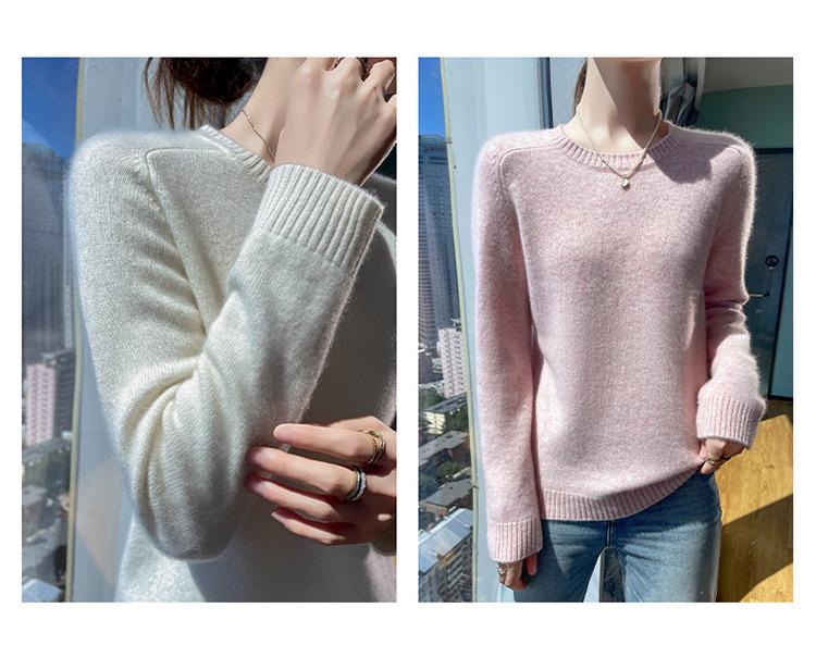 Women's Genuine Cashmere Seven-Gauge Thick Saddle Shoulder Round Neck Loose Solid Color Knit Sweater Base Layer