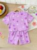 Girls K-POP Pajama Set, Purple Star Print Soft Tight Fit Short Sleeve T-Shirt & Shorts Sleepwear for 4-7 Years