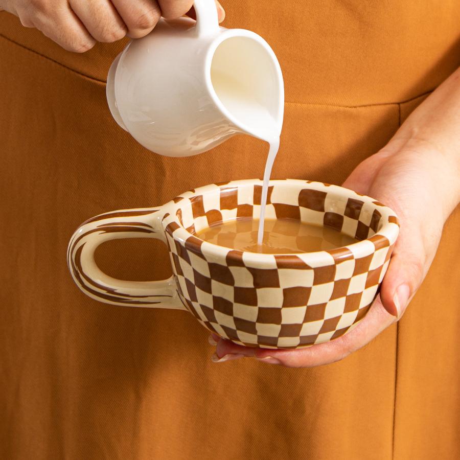 220ml Ceramic Coffee Mug with Wrench Spanner Handle, Grid Coffee Mug for Coffee, Milk, Tea, Smoothies