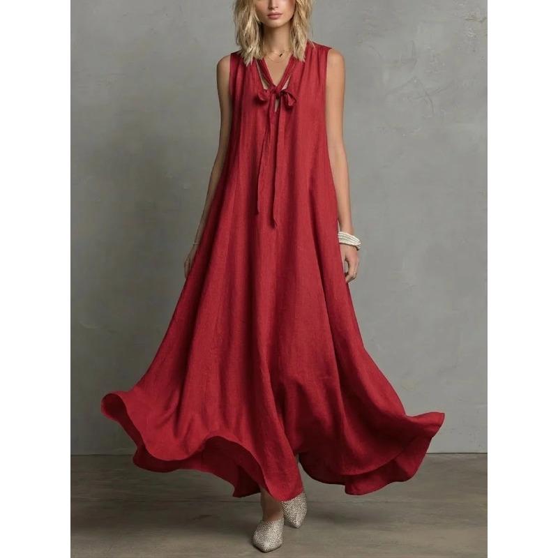QICED Fashion Summer Spring Solid Color Print Sleeveless V-Neck Casual Dresses