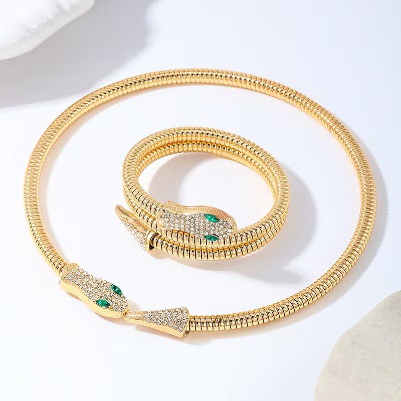 Exaggerated Punk Middle Eastern Metal Snake-Shaped Diamond Choker & Bracelet Set for Women, Sold Separately
