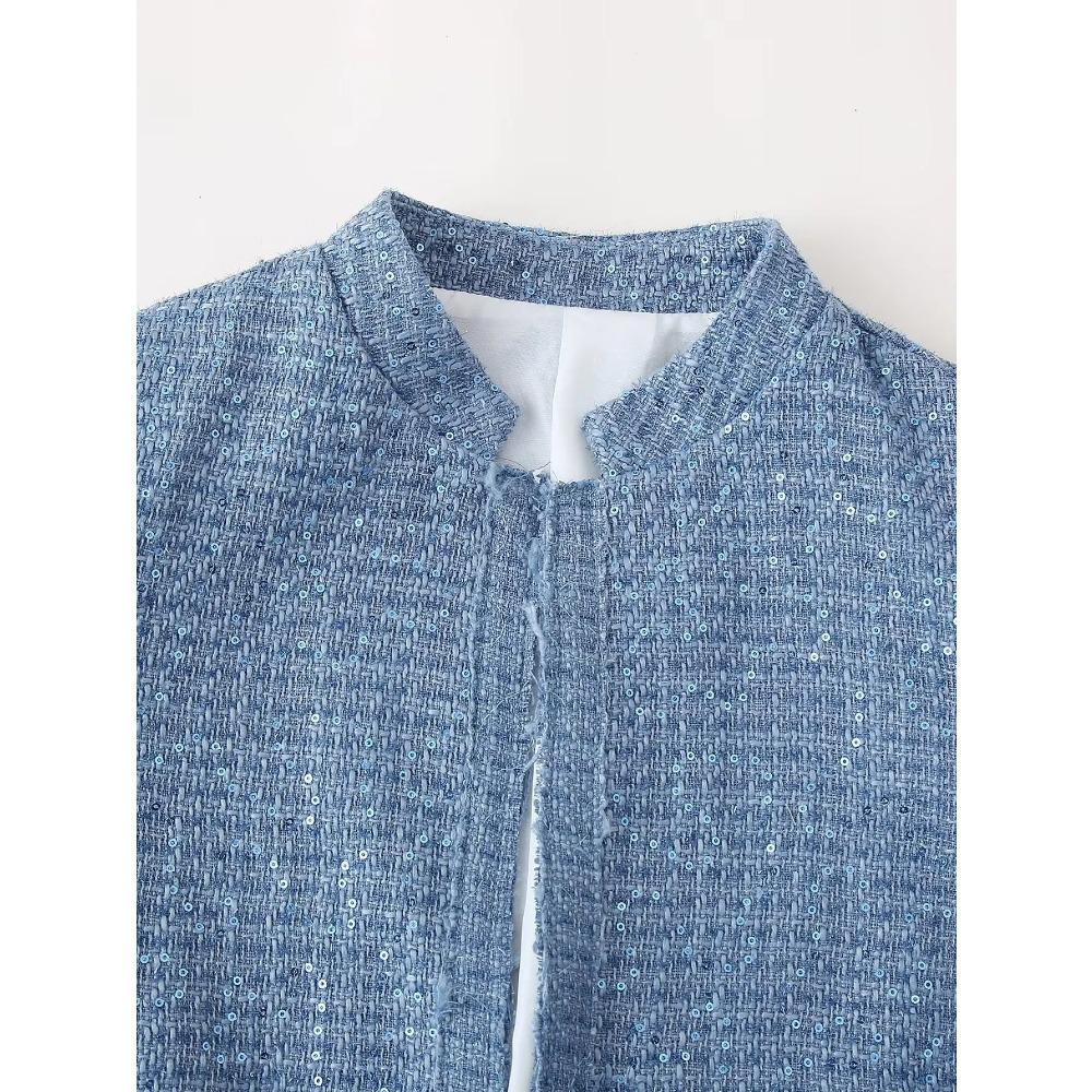 Women's Sequin Stand Collar Long Sleeves Pockets Short Jacket Coat Spring and Autumn New Female Chic Cardigan Jacket