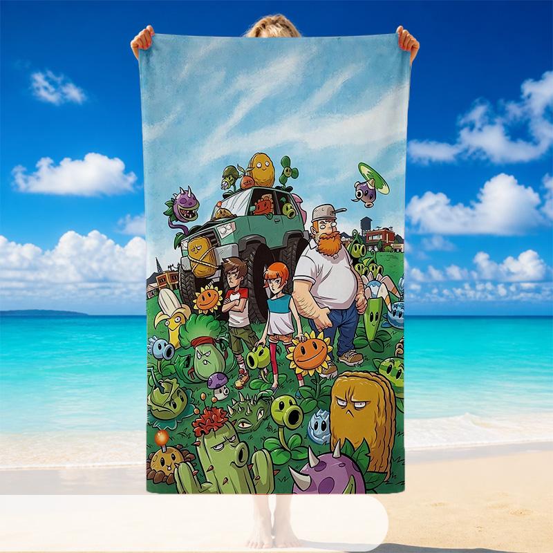 Quick Dry Beach Towel Plants Vs. Zombies Pattern, Lightweight Absorbent Towel for Pool Beach Vacation Use