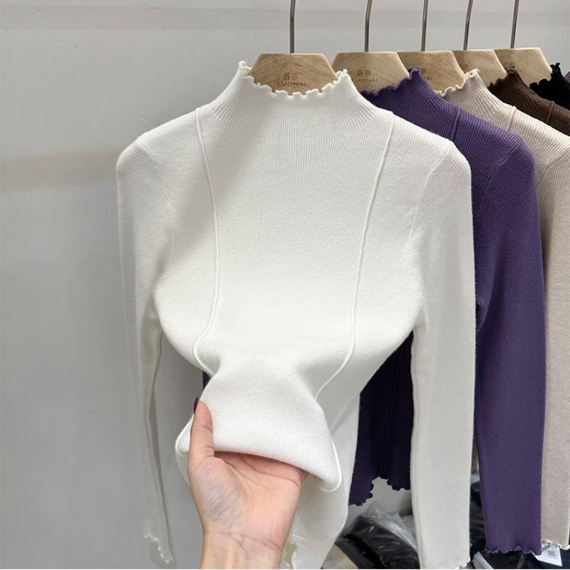 Wood ear edge knitted sweater women's solid color sweater autumn and winter new high-end slim-fit semi-turtleneck bottoming shirt