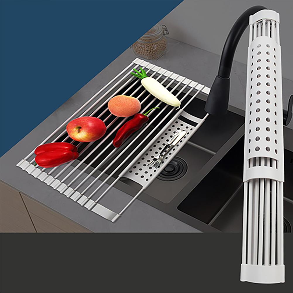 Large Folding Silicone Cutlery Drain Rack Sink Rack With Hanging Basket 52 32cm