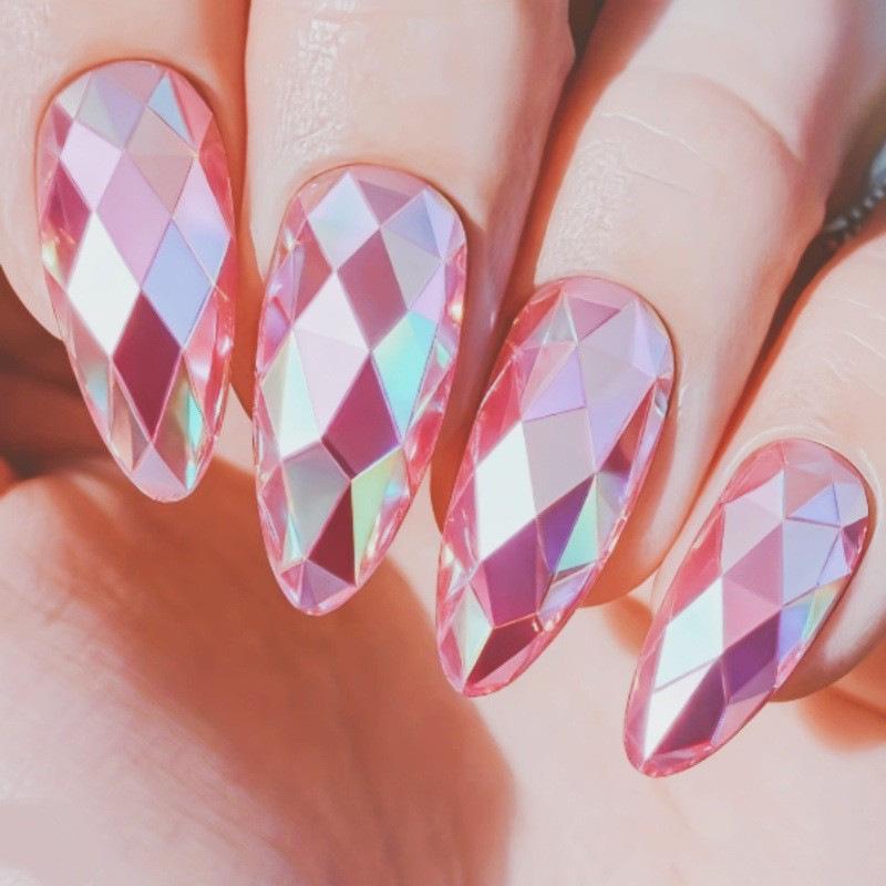 3D Iridescent Almond Pink Electroplated Metal Glossy False Nails