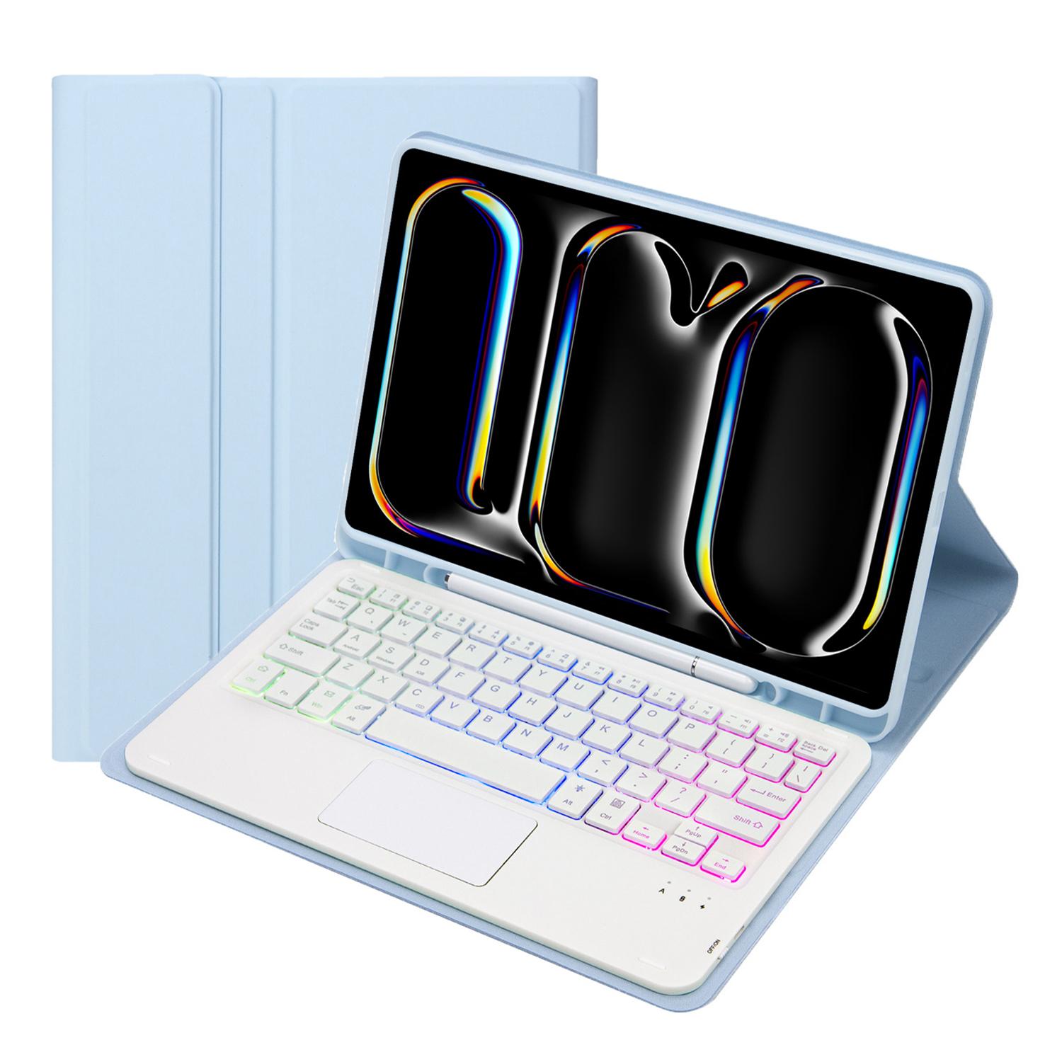 

A13B-AS For iPad Pro 11 (2024) Pen Slot Design Leather Tablet Cover+Backlit Bluetooth-compatible Keyboard with Touchpad Baby Blue