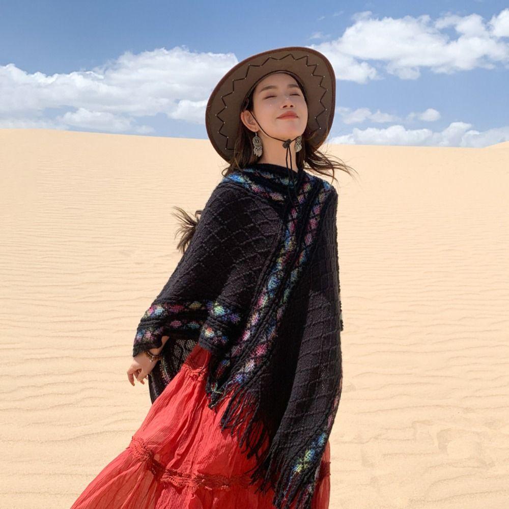 Stripe Knitted Cape Printing Tassel Scarves Elegant Imitation Cashmere Shawl Women