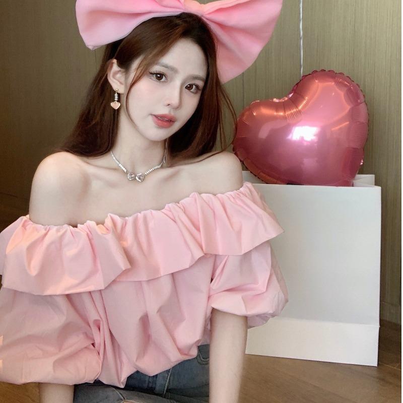 

Short-sleeved Hot Girl Square Collar Solid Color French Retro Summer Dress Short-sleeved Shirt Chiffon One-shoulder Short Model 2XL рожевий