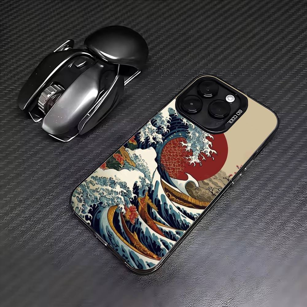 Japanese Ukiyo-e Ocean Waves Phone Case For iPhone17,16,15,14,13,12,11 Plus,Pro Max Colored Silver Plated Inside Cover