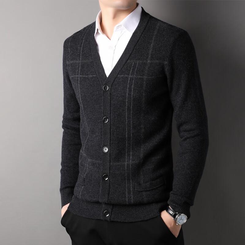 Fengxun Men's 100% Wool V-Neck Cardigan Sweater