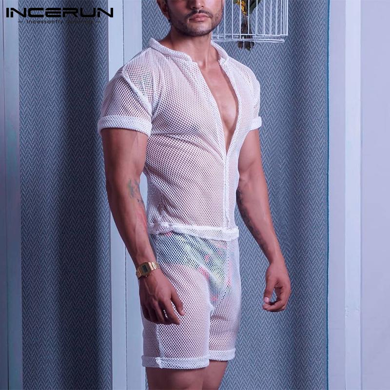 

INCERUN Летний белый мужской прозрачный комбинезон-пижама Slim Fit