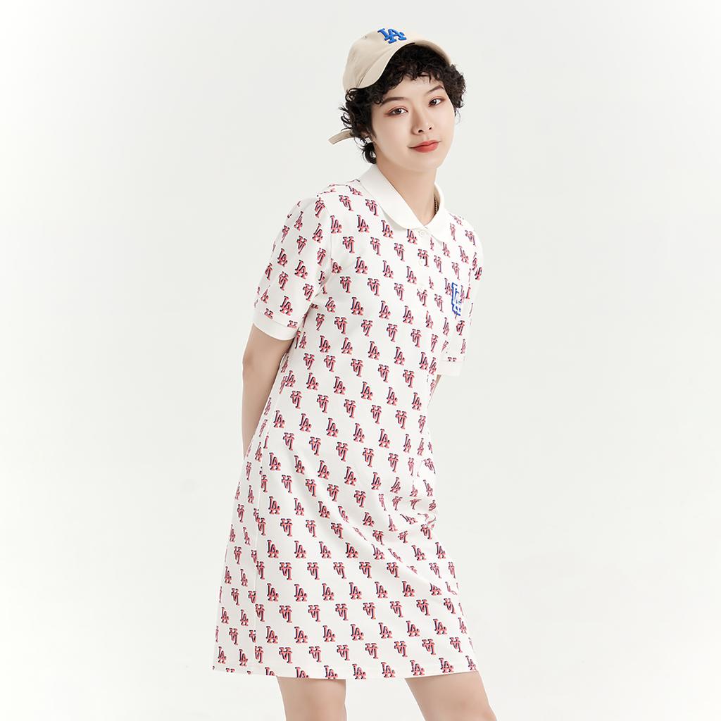 MLB Los Angeles Dodgers Polo Collar Interwoven Letter Mid Waist A-Line Casual Trendy Sports Short Sleeve Dress Women dresses Cream 3FOPM0233-07CRS