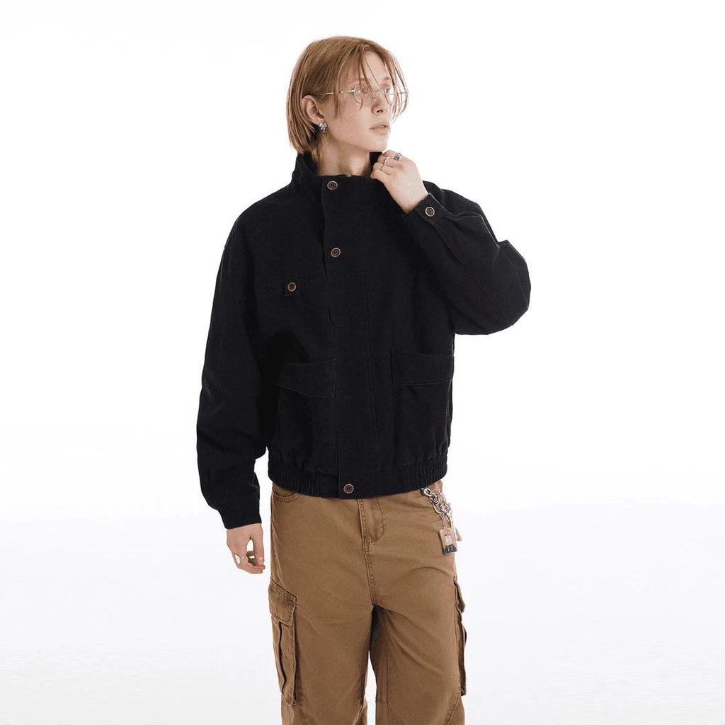 Unisex Retro Distressed Canvas Barn Jacket - Boxy, Stand Collar, Trendy Style