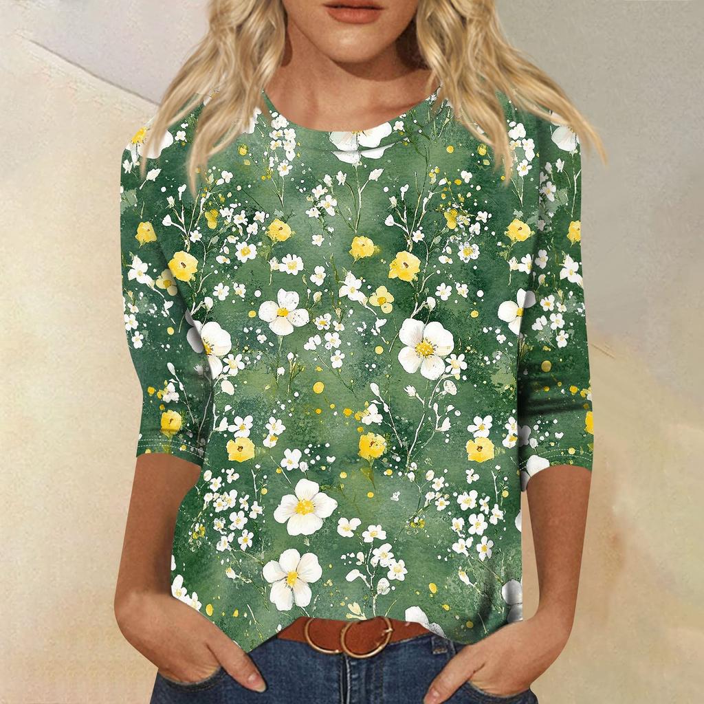 Women's Casual Floral Print Three Quarter Sleeve Round Neck T Shirt Lightweight Comfortable Fit Suitable for Everyday Wear