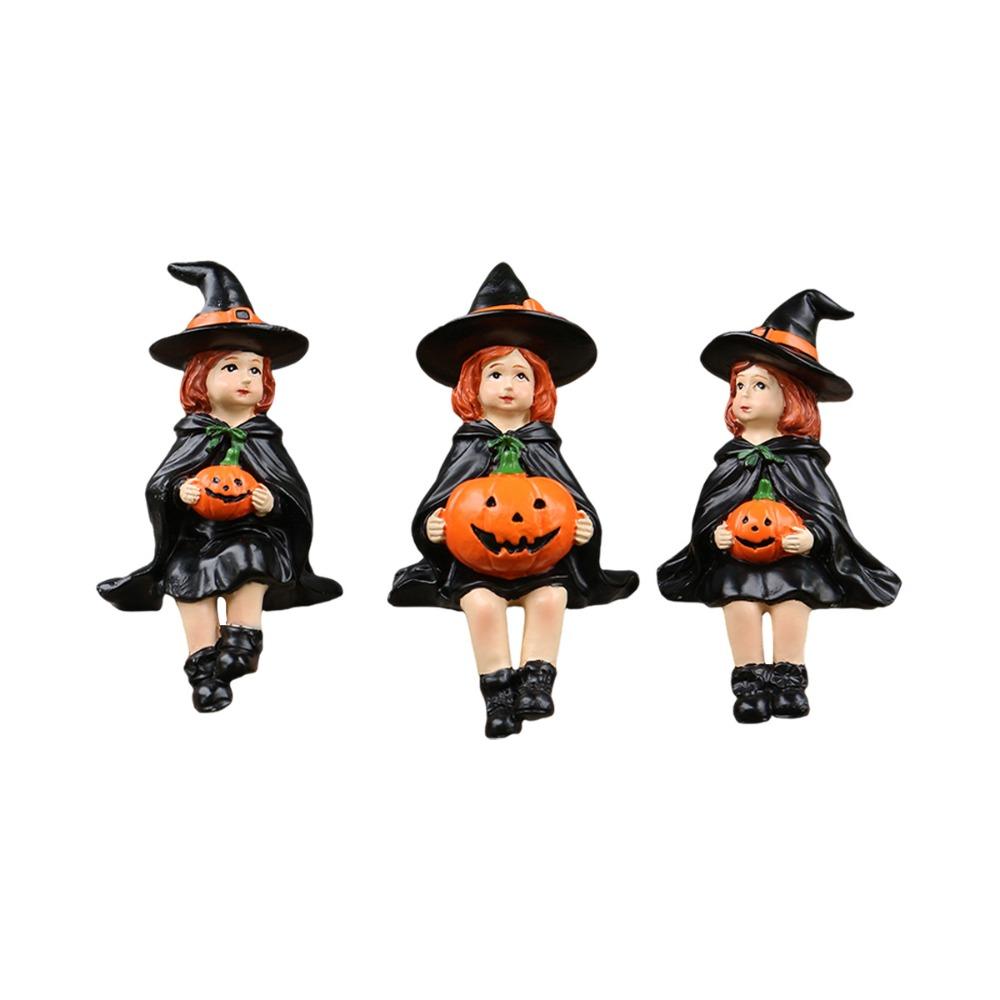 3pcs Handmade Witch Holding Pumpkin Statue Cute Witch Ornament Halloween Statue  Bookshelf