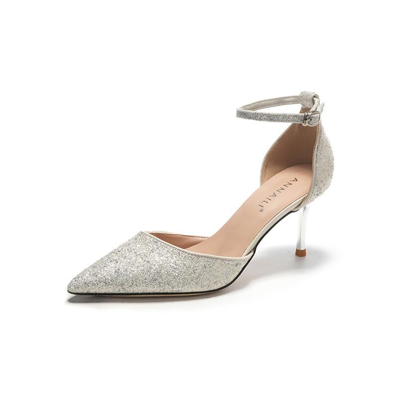 Sandali Peep Toe Bianchi a Punta con Tacco Alto, Cinturini Glitterati e Design Svuotato per Matrimonio e Damigella d'Onore