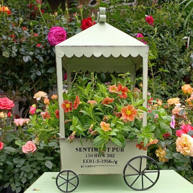 Decorative Garden Flower Cart Planter, Iron Wagon Pot Display with Canopies and Open Storage Tray for Home Patios Courtyards Display