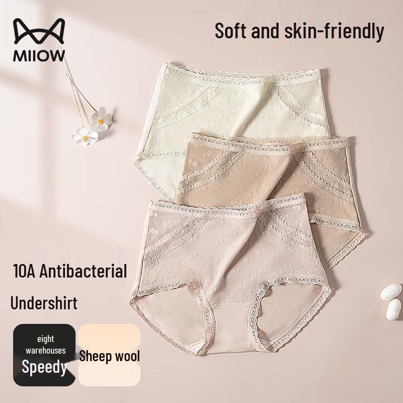 MIIOW Women's Mid-Waist Velvety Lace Antibacterial Briefs 3-Pack