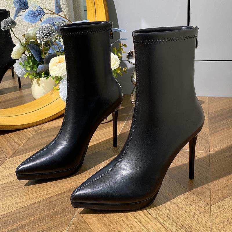 Autumn and winter nude thin boots high heels women's thin heels temperament short boots waterproof table suede pointed elastic boots