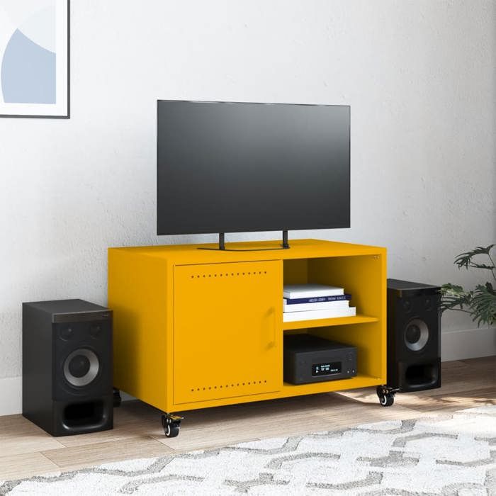 VidaXL Meuble TV, Armoire de Télévision avec Étagères, Support Télé avec Rangement Salon Salle de Séjour, Jaune Moutarde 846671