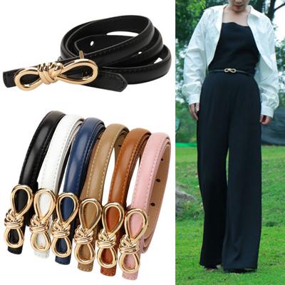 Imitation Leather Dress Belt Snap-On Bow-Shaped Buttons Multi Holes Adjustable Length Thin Waistband