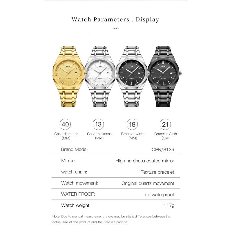 OPK Luxury Fashion Men's Quartz Watch Octagonal Waterproof Night Light Business Men's Calendar Watch