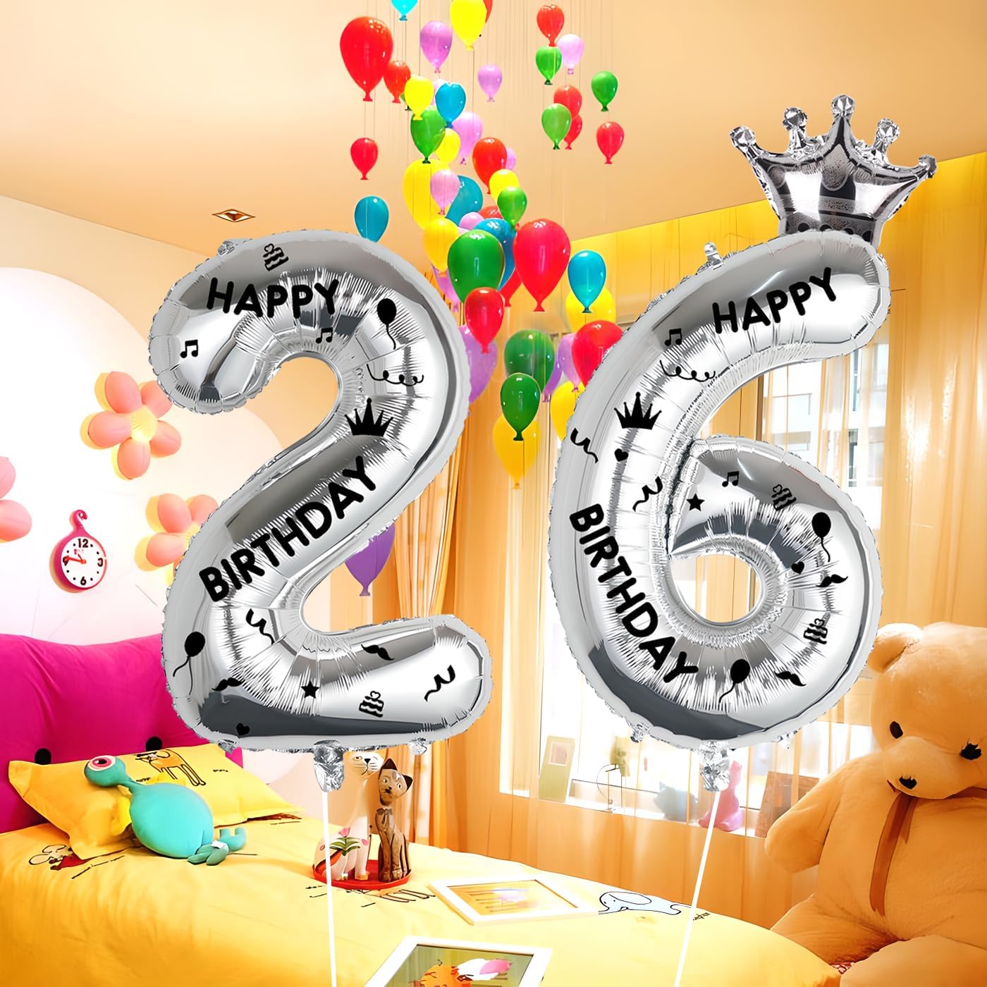 

40 Inch Silver Foil Balloon Number 26,Crown 26th Birthday Party Decorative Balloons,Number Large Numbers Balloon 26,Girls Boys 26th Birthday