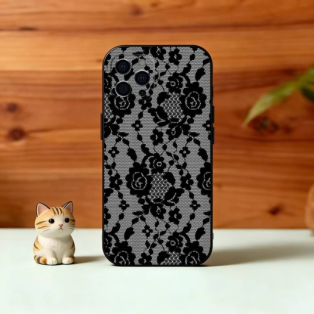 B-Black lace print Phone Case For iPhone 17,16,15,14,13,12,11 Plus,Pro Max,XS,Soft Silicone Black Cover