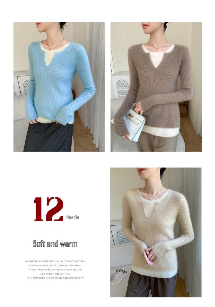 Double-Layer Striped Cashmere Knit Sweater with Mixed Neckline for Ladies