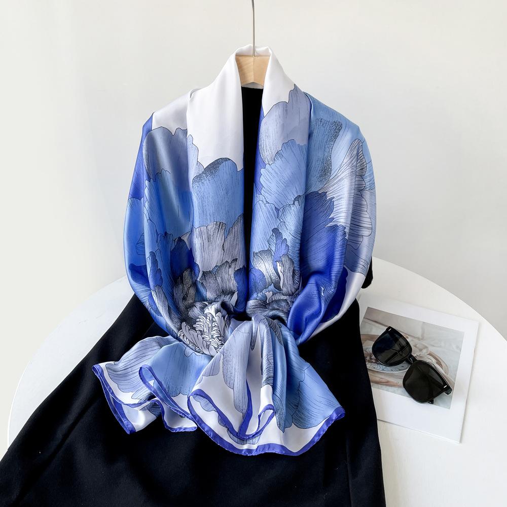 Spring and Summer Satin Long Scarf for Women Sunscreen Shawl Fashionable Beauty Scene Satin Long Scarf Versatile Travel Scarf