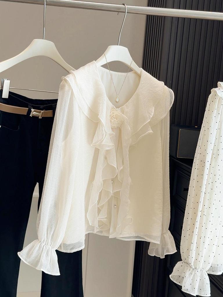 Women's French Ruffle Polka Dot Chiffon Shirt - Spring 2026 Design, Long Sleeve