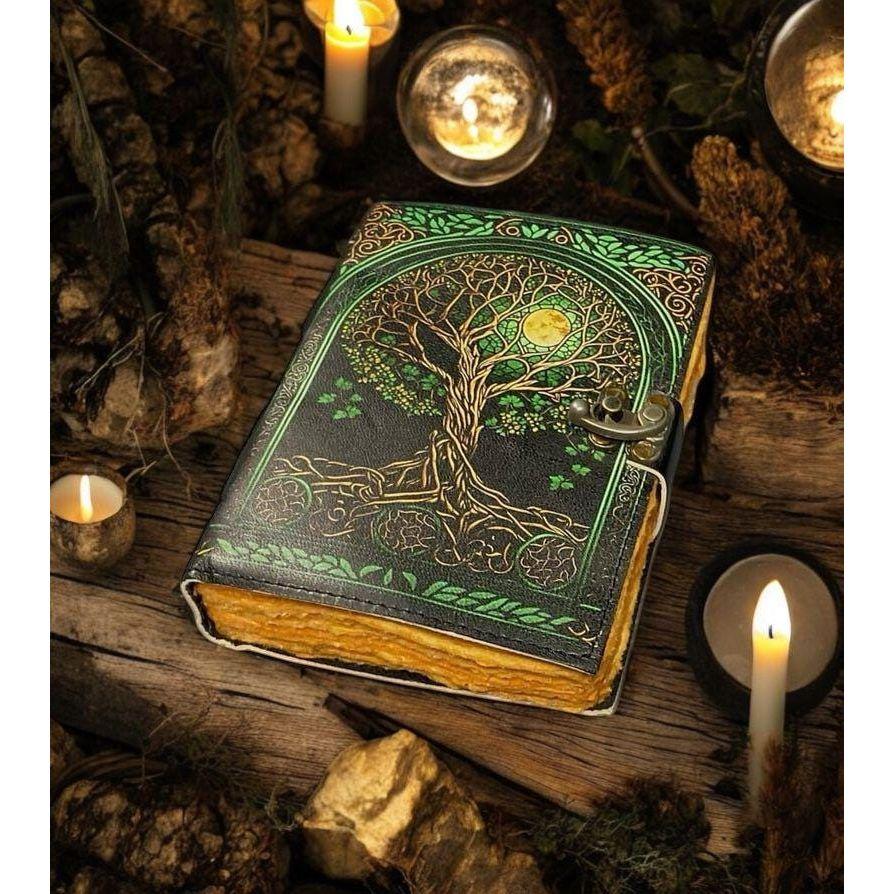Grimoire Vintage Leather Journal, Tree of Life Fat Journal, Blank Spell Book of Shadows Celestial Gifts For Him Her