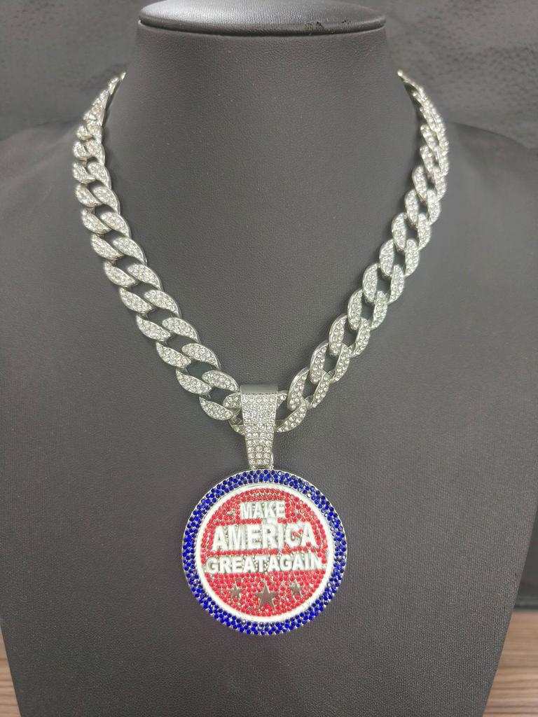 Europe and America's Popular Round Brand Make America Create AGAIN Letter Alloy Color Diamond Pendant Men's Necklace