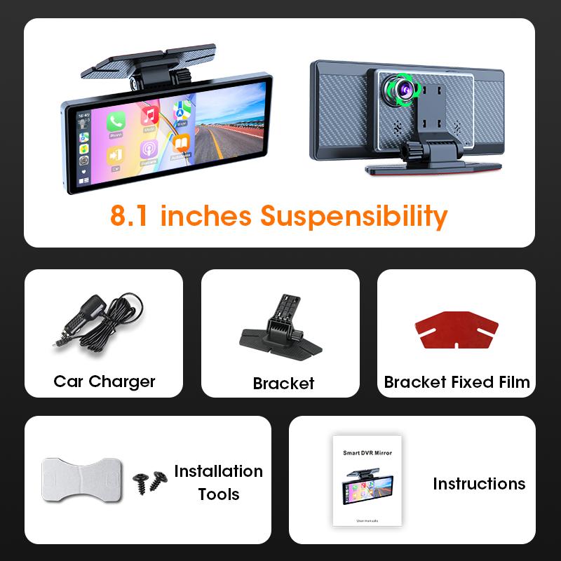 7/8,1-дюймовый Подвесной Тип Беспроводной CarPlay Сенсорный Экран Портативный Автомобильный Видеорегистратор Android Auto Видеорегистратор Навигация GPS Камера Заднего Вида FM S-8.1 inch 2.5K DVR
