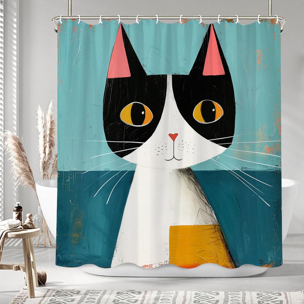 Schwarze Katze Ölmalerei Kunstwerk Duschvorhang Bohemian Sandfarben Bunt Bemalt Polyester Badezimmer Vorhänge Badezimmer Dekor mit Haken