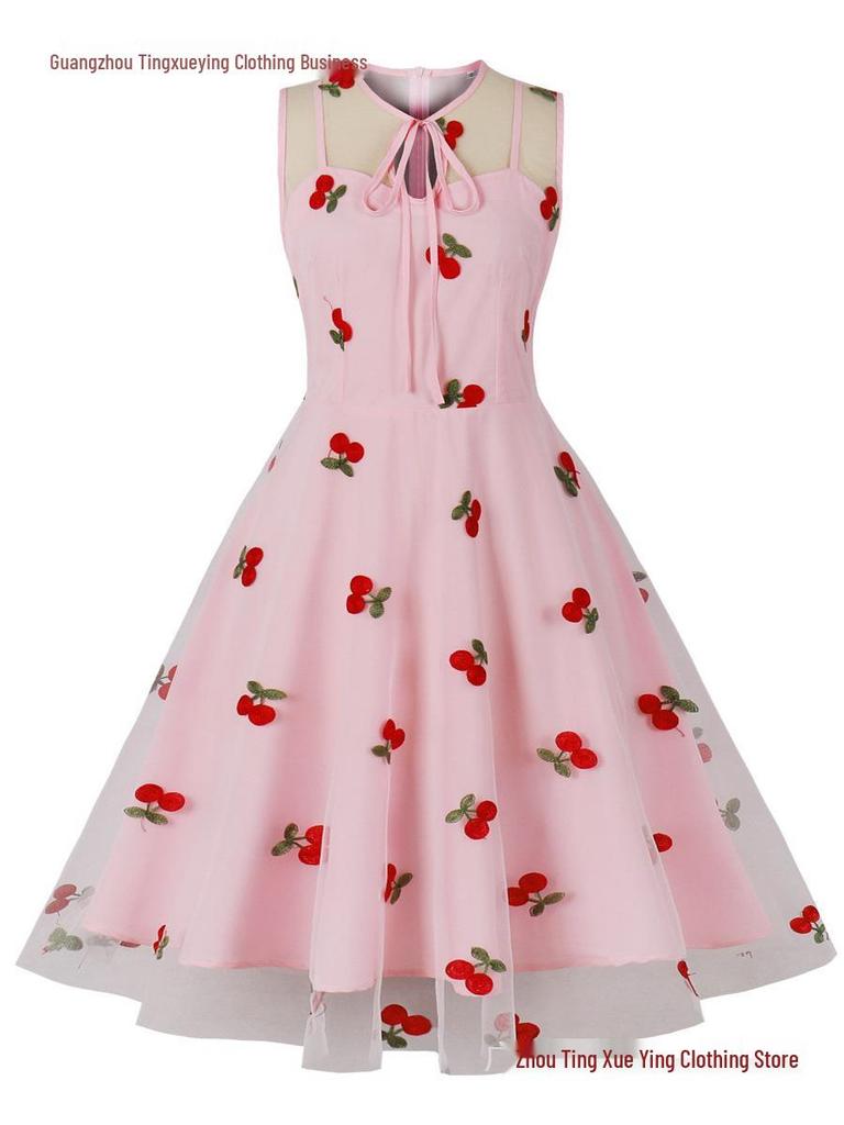 Women's Christmas Mesh Embroidered Midi Dress with Waist-Cinching and Sleeveless Design