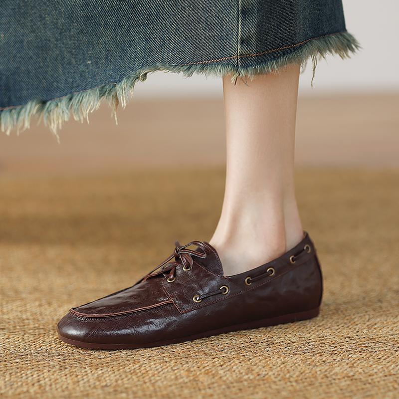 Fashion 2025 Spring Summer New Women Lace-up Flat Shoes Loafers Slip on Genuine Leather Casual Daily Work Shoes Comfort Office Pumps