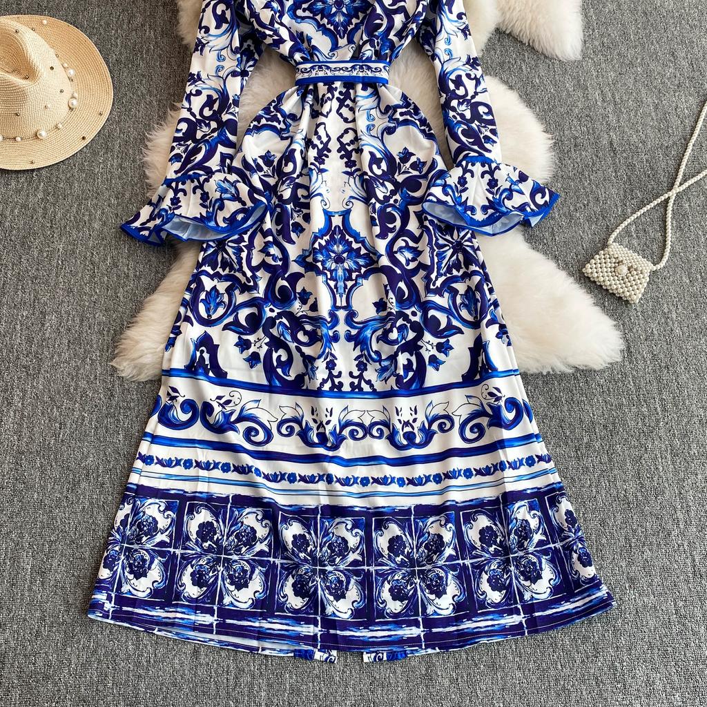 Jaro Podzim Runway Žlutá Červená Modrá a Bílá Porcelánový potisk Župan Dámské Rozevlátý Rukáv Šněrovací Pásek Maxi Společenské šaty