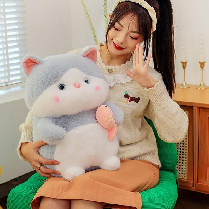 Cat Eating Fish Plush Toys Cartoon Stuffed Dolls Room Decorations Kid Simulation
