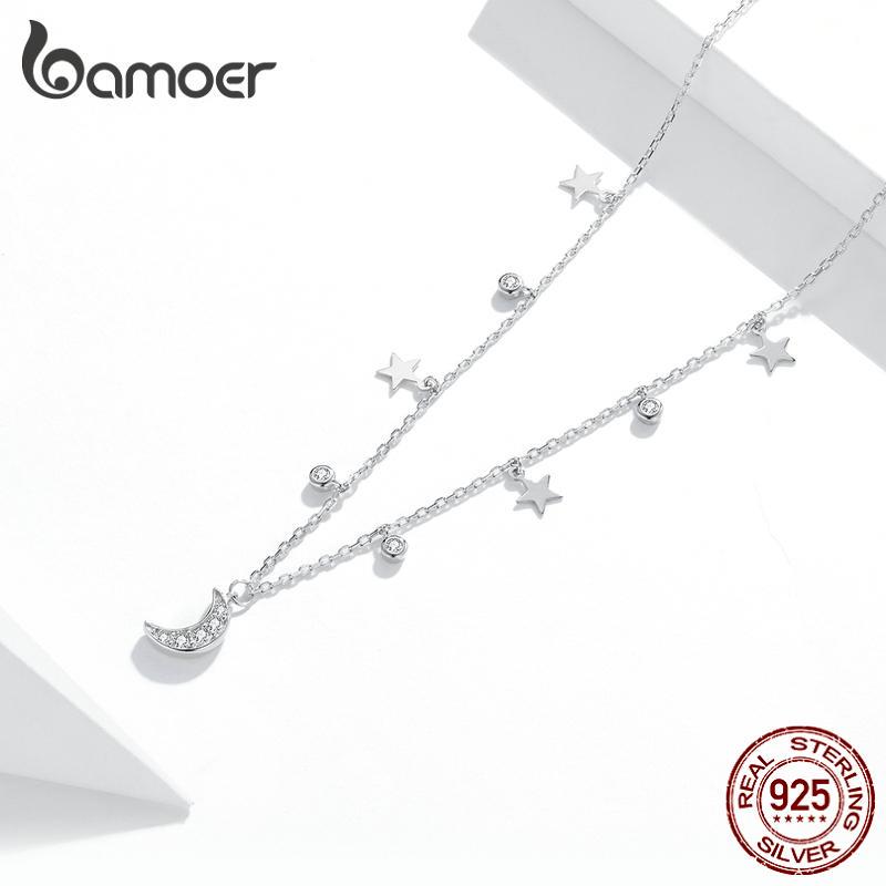 BAMOER 100% Real 925 Sterling Silver Shiny Moon & Stars Necklace for Women Simple Exquisite Fine Jewelry Gift