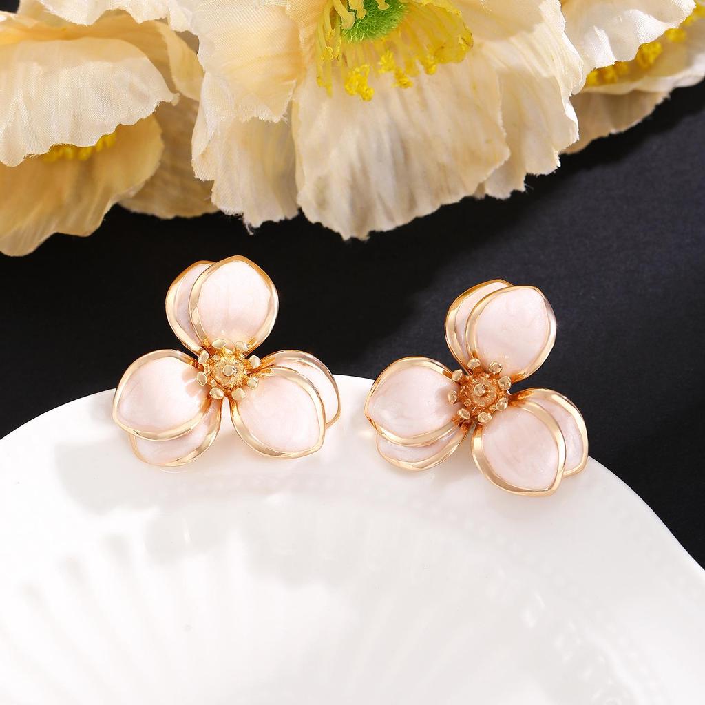 Colorful Drip Oil Flower Stud Earrings - Simple Double-Layer Petal Design for Women, Perfect for Spring and Summer