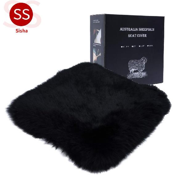 Winter Warmth: Universal Sheepskin Seat Cushion Cover - Natural Wool, For Cars, Trucks, SUVs & Vans - Cozy & Stylish Driving Companion Front Black