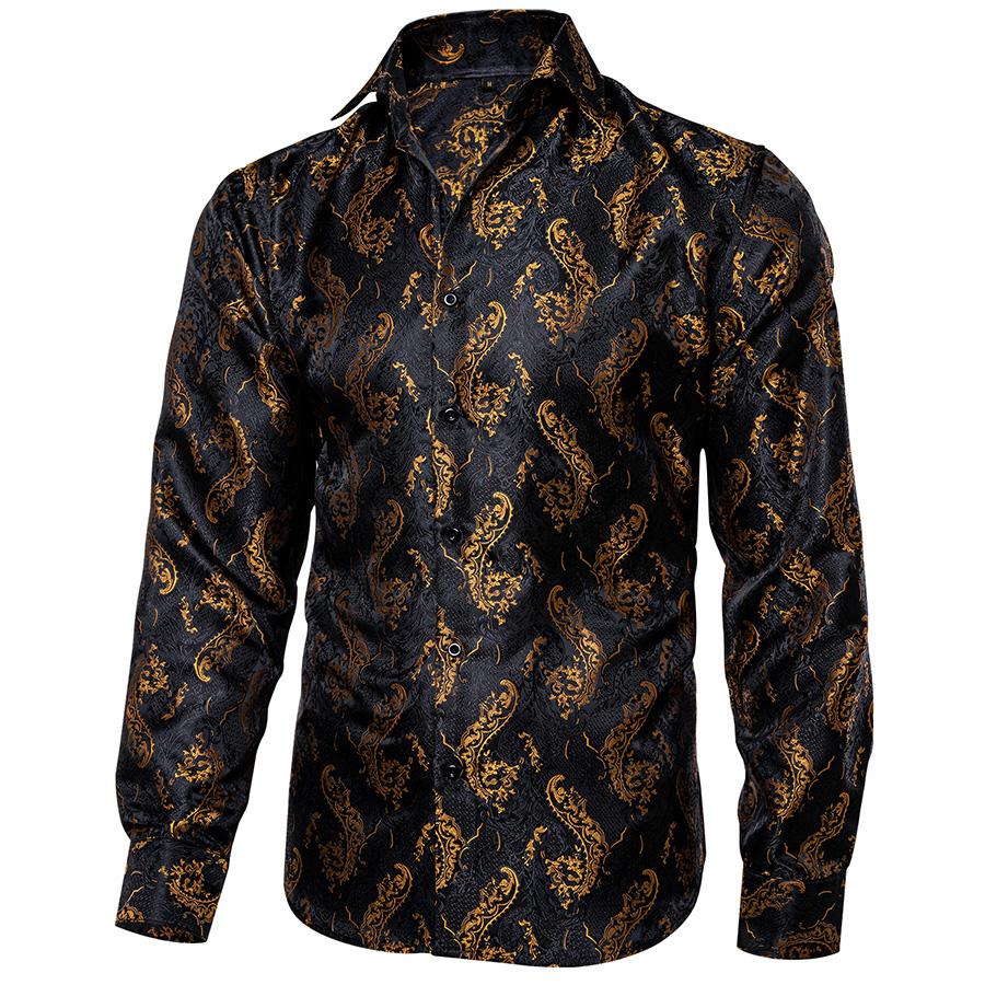 Mens Long Sleeve Shirt Black Gold Design Casual Shirt Silk Paisley
