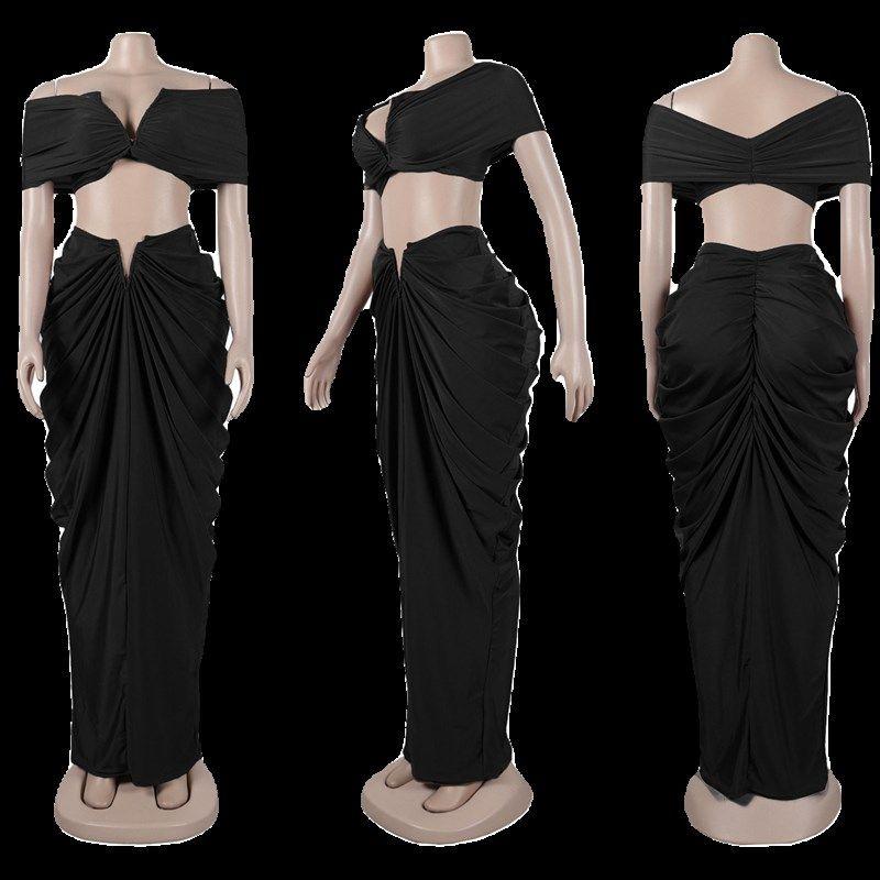 

Two Pieces Dresses Black Sexy Top Skirt Sets Women Big Size Black 3XL